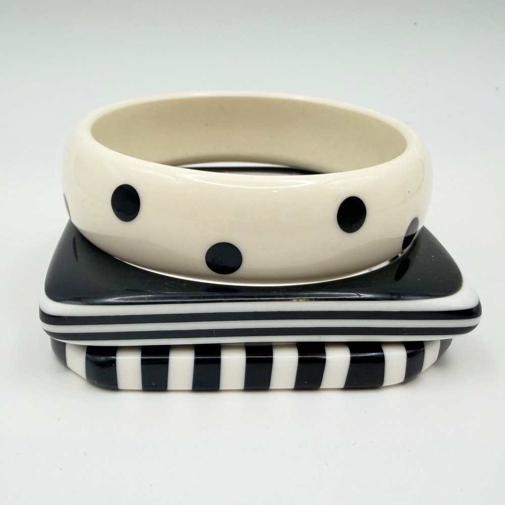 Vintage Bangle Bracelet Set of 3 Petite Stack Black White Polka Dot Striped Mod
